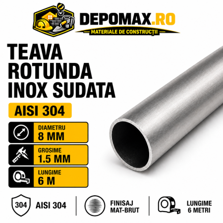 Teava rotunda inox sudata AISI 304, 8 x 1.5 mm, 6 metri